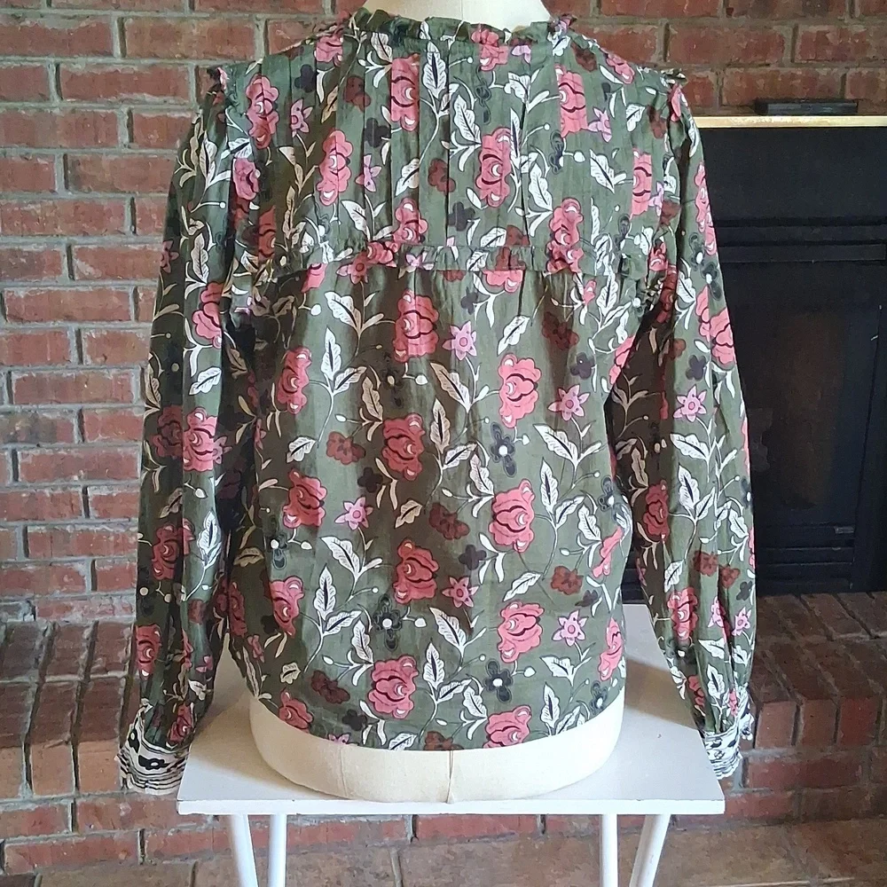 Cleobella Olive Green Floral Tie-Neck Blouse - Picture 3 of 10